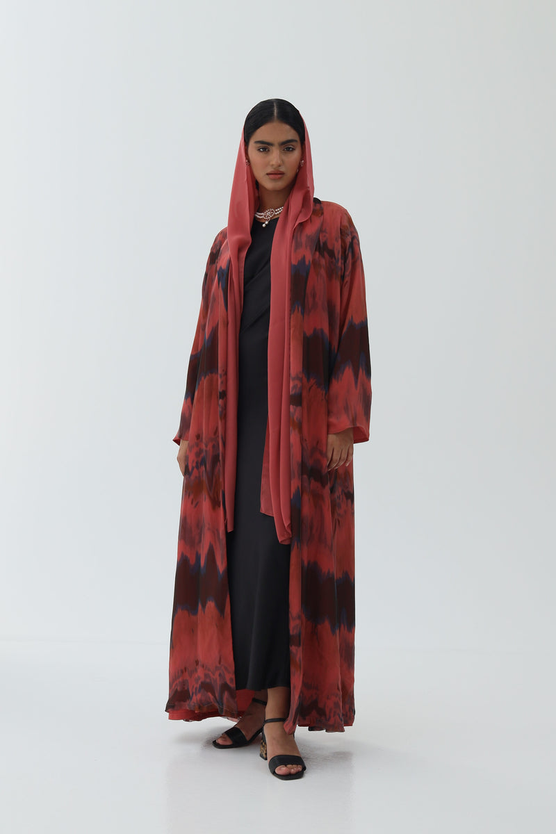 Dark Peach Printed Pure Silk Zainah cut Abaya