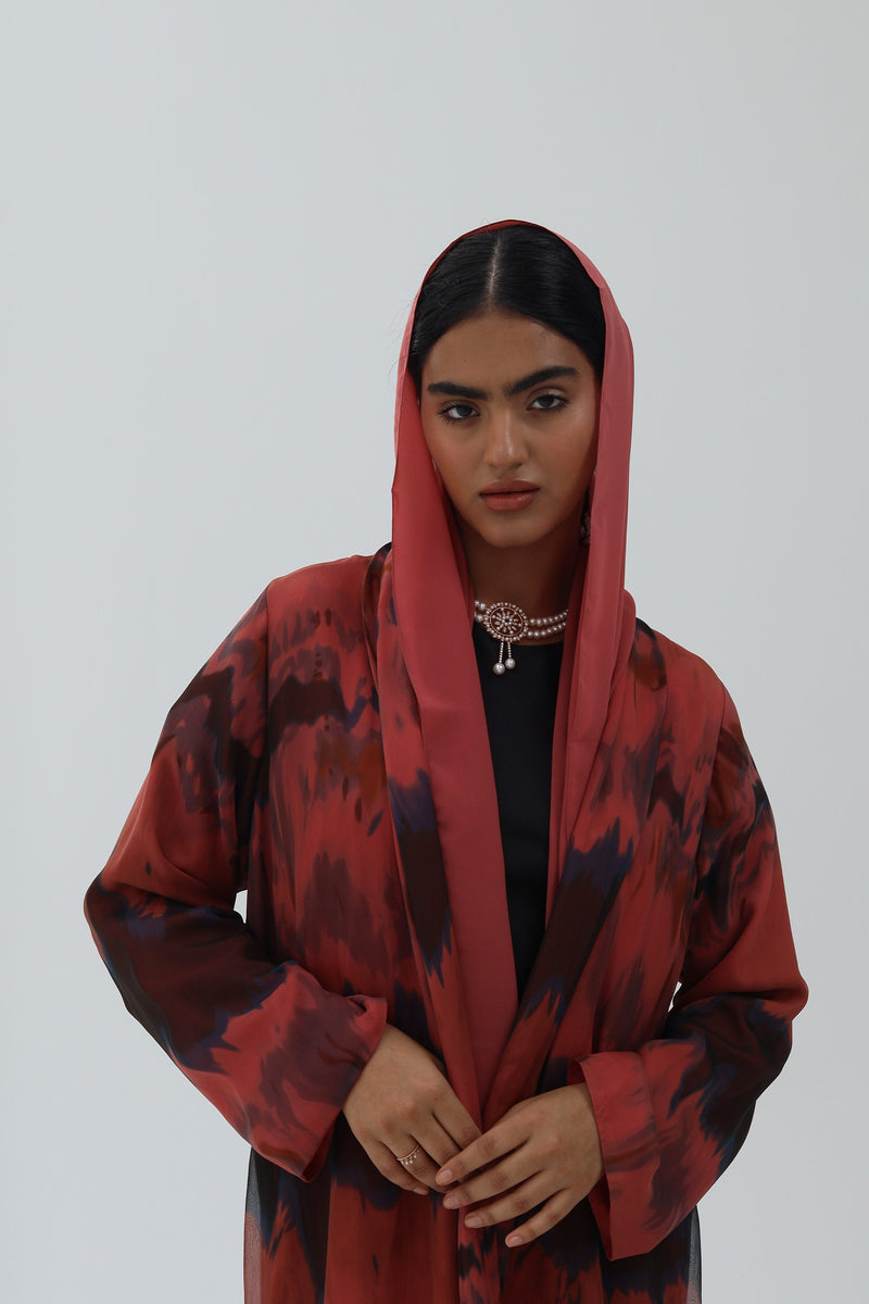 Dark Peach Printed Pure Silk Zainah cut Abaya