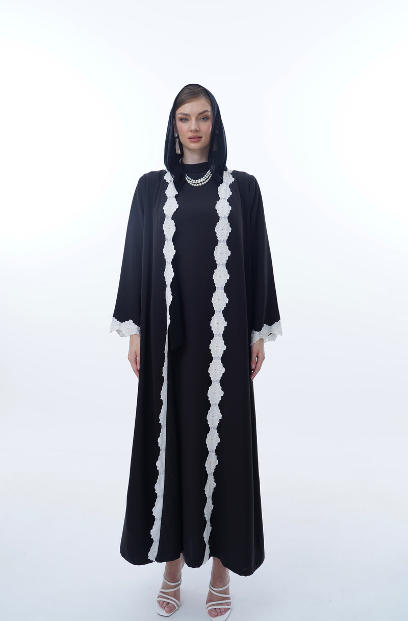 V-Neck Abaya in Black Polycrepe,Flower White Dantil lacev