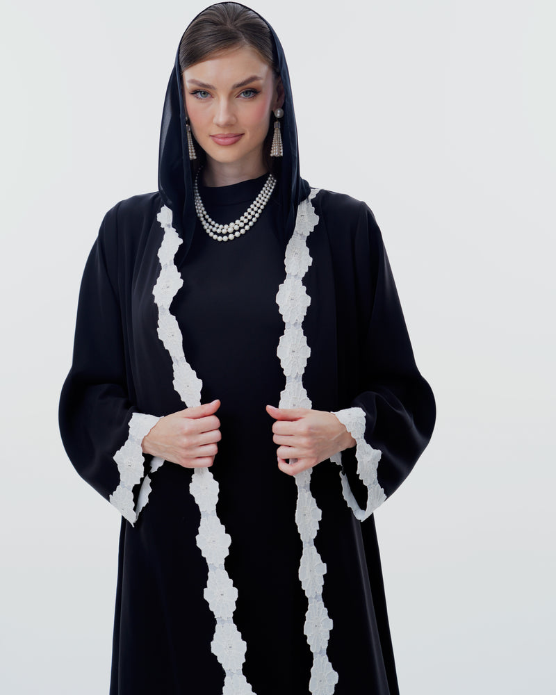 V-Neck Abaya in Black Polycrepe,Flower White Dantil lacev