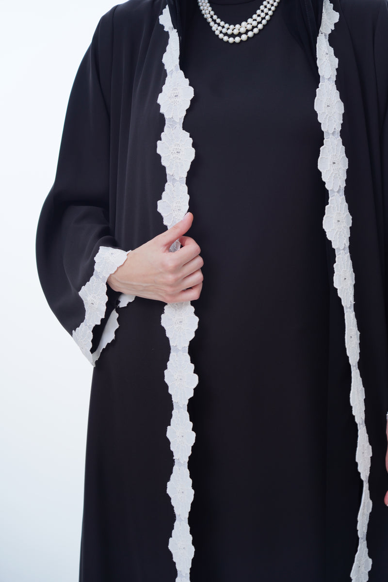 V-Neck Abaya in Black Polycrepe,Flower White Dantil lacev