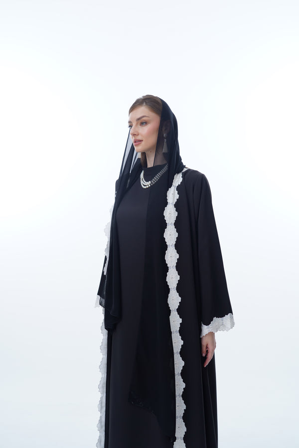 V-Neck Abaya in Black Polycrepe,Flower White Dantil lacev