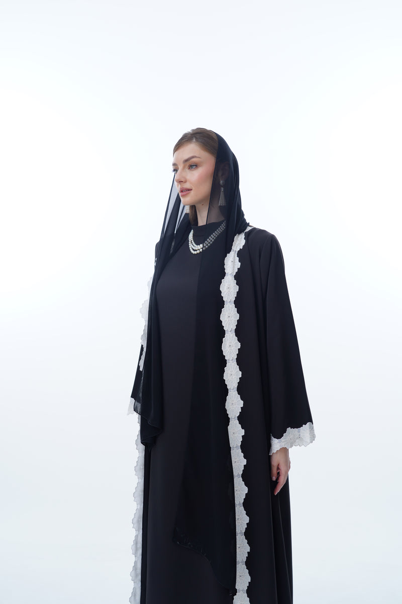 V-Neck Abaya in Black Polycrepe,Flower White Dantil lacev