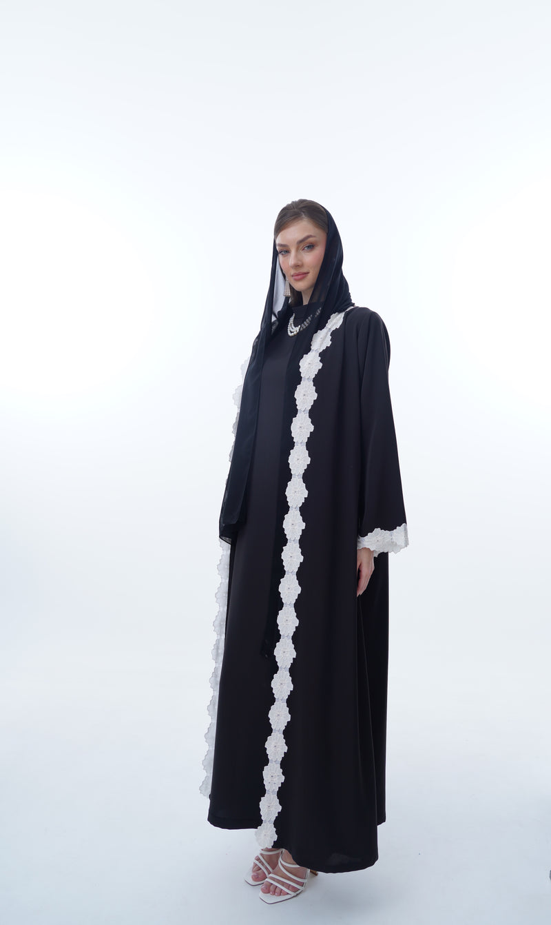 V-Neck Abaya in Black Polycrepe,Flower White Dantil lacev