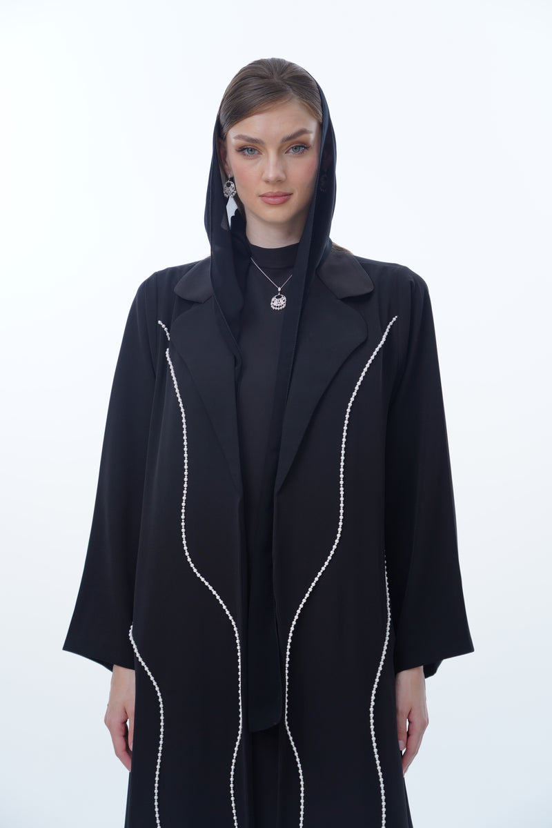 Round Notch Collar Abaya with cross wave 2 sizes pearl