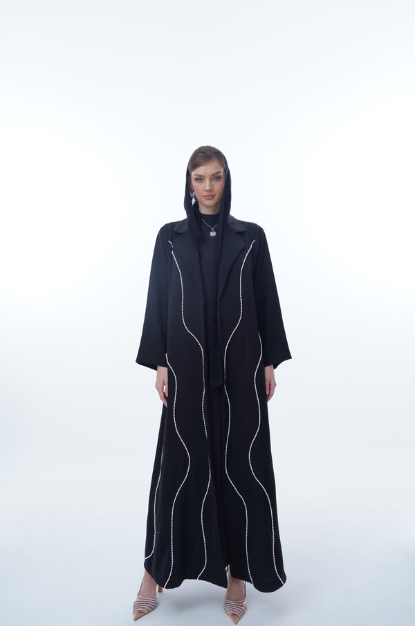 Round Notch Collar Abaya with cross wave 2 sizes pearl