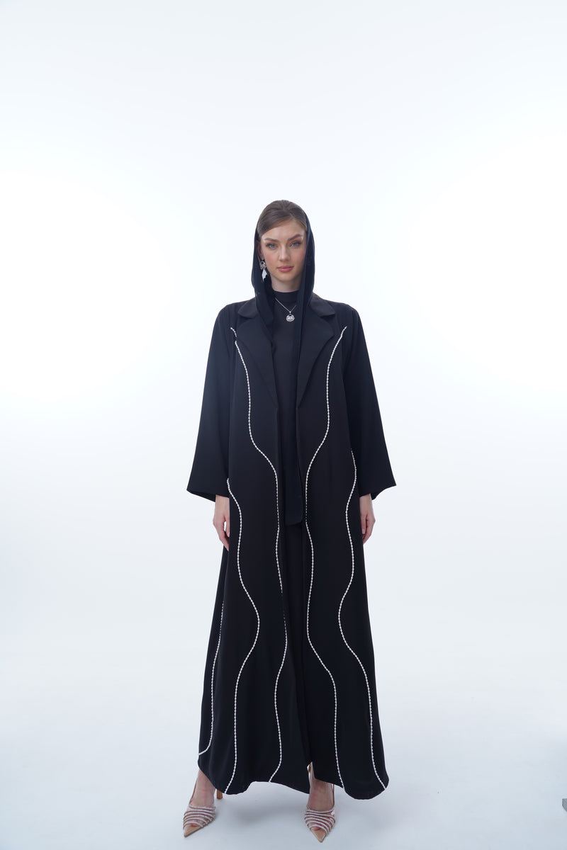 Round Notch Collar Abaya with cross wave 2 sizes pearl