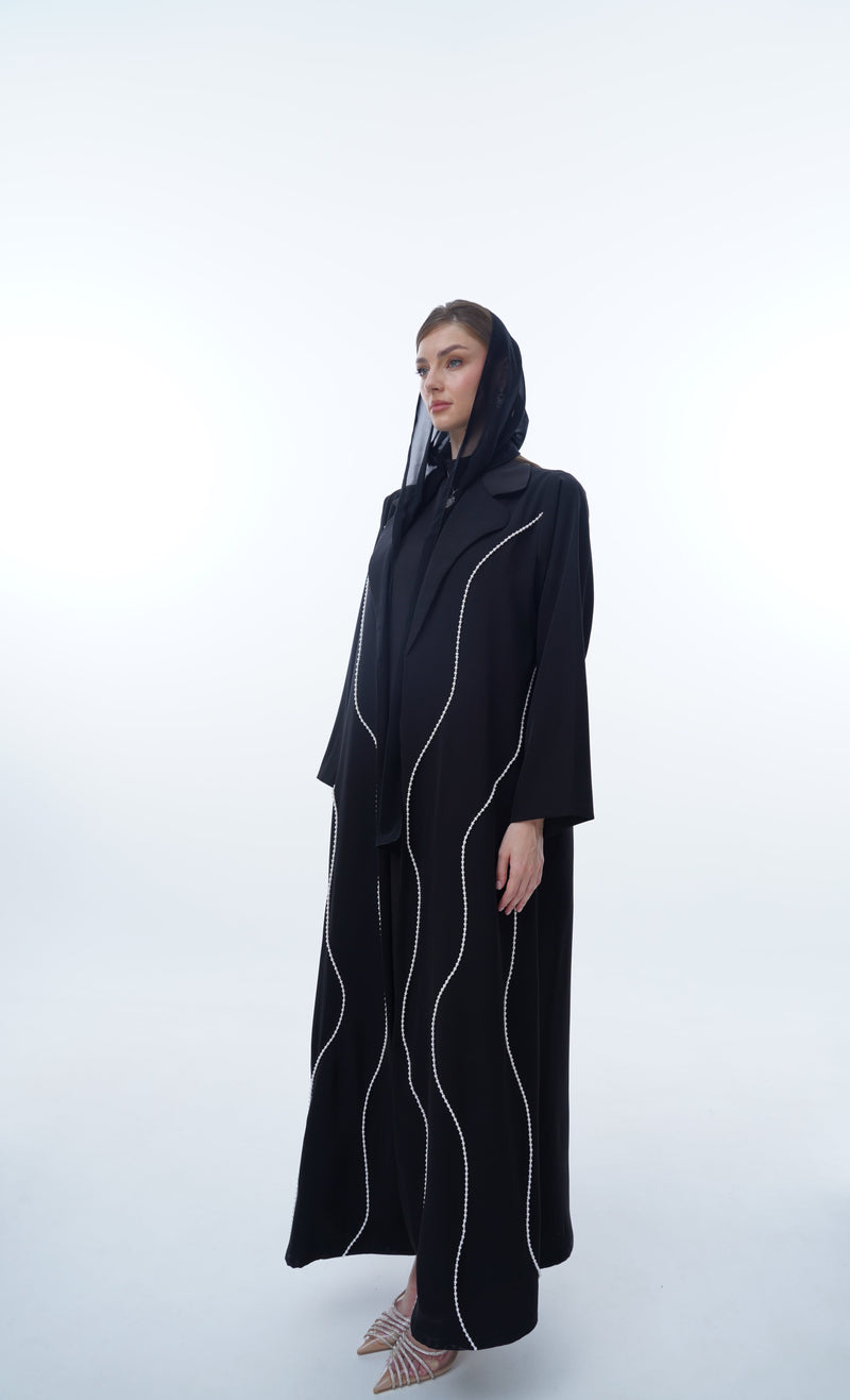 Round Notch Collar Abaya with cross wave 2 sizes pearl