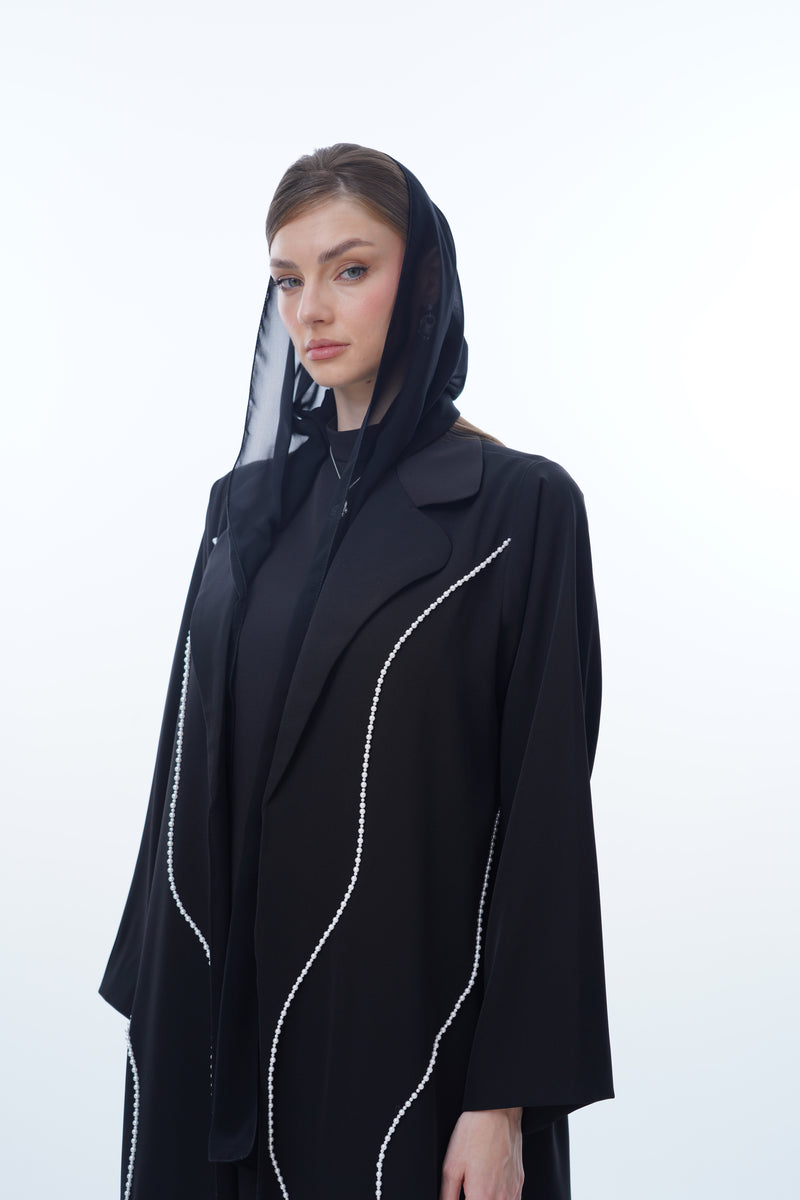 Round Notch Collar Abaya with cross wave 2 sizes pearl