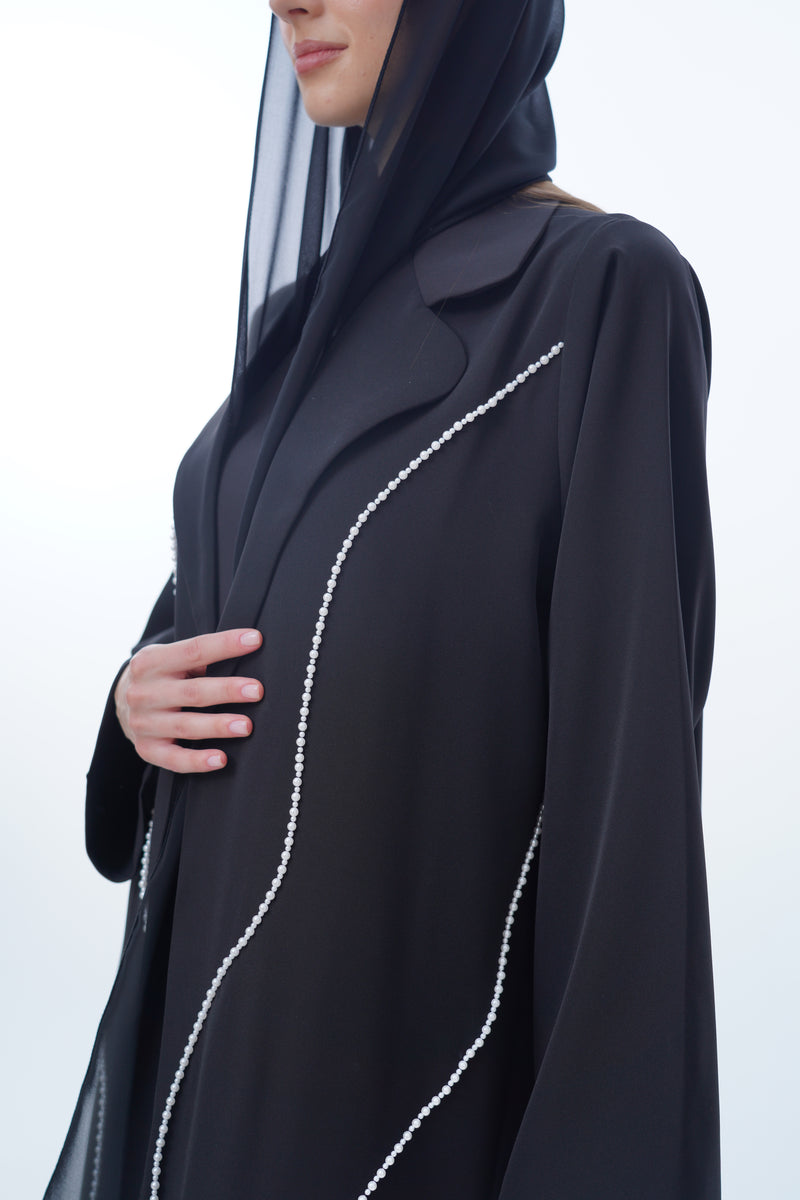 Round Notch Collar Abaya with cross wave 2 sizes pearl