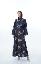 Notched Collar Abaya With Tie Rope on Front in Two Shade Beige Flowers Fabric Printed