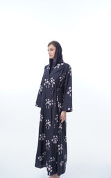 Notched Collar Abaya With Tie Rope on Front in Two Shade Beige Flowers Fabric Printed