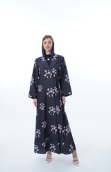 Notched Collar Abaya With Tie Rope on Front in Two Shade Beige Flowers Fabric Printed