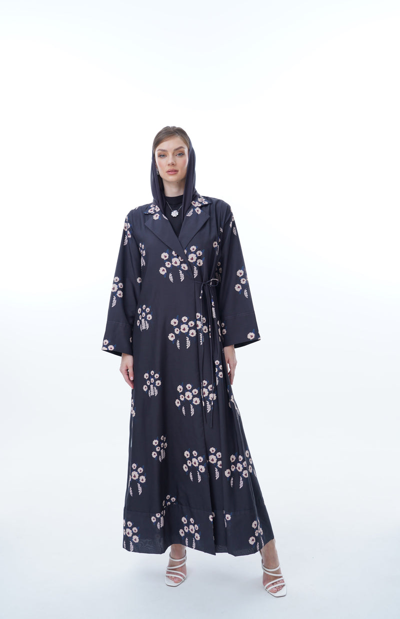 Notched Collar Abaya With Tie Rope on Front in Two Shade Beige Flowers Fabric Printed