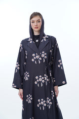 Notched Collar Abaya With Tie Rope on Front in Two Shade Beige Flowers Fabric Printed