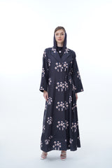 Notched Collar Abaya With Tie Rope on Front in Two Shade Beige Flowers Fabric Printed