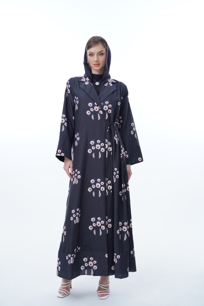 Notched Collar Abaya With Tie Rope on Front in Two Shade Beige Flowers Fabric Printed