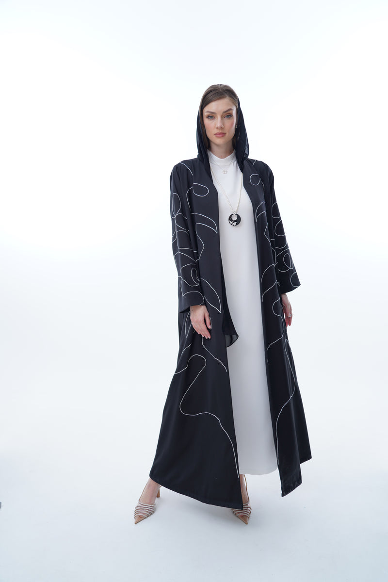 Vneck abaya with Zig Zag Silver Glitter Thread EMB