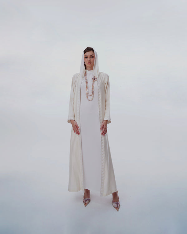 v-Neck Abaya With Triangle Beads on Front and cuff off white