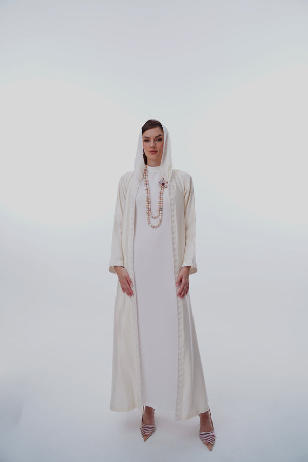 v-Neck Abaya With Triangle Beads on Front and cuff off white