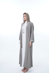 v-Neck Neck Abaya With Triangle Beads on Front &amp; Cuff in Olive