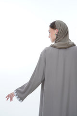 v-Neck Neck Abaya With Triangle Beads on Front &amp; Cuff in Olive