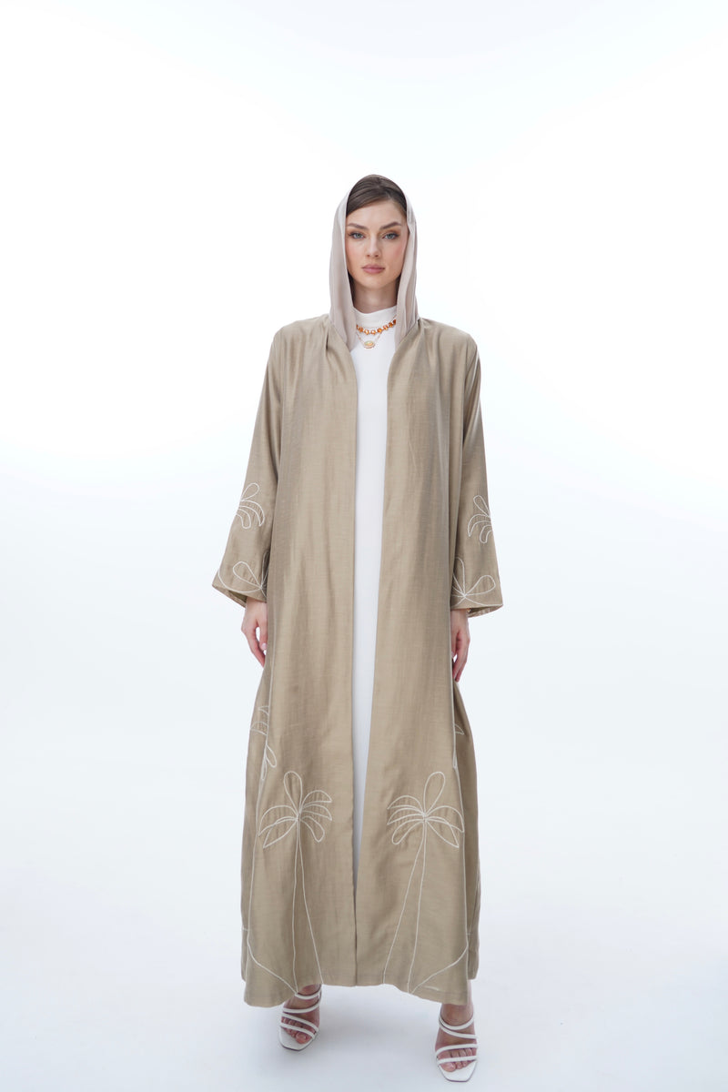 Vneck abaya with Silver Glitter Thread Tree EMB.on front and Sleeves in Glitter Soft cotton olive