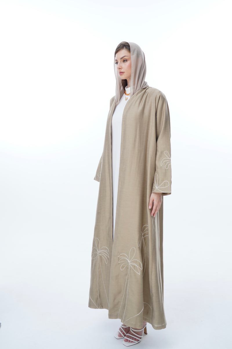 Vneck abaya with Silver Glitter Thread Tree EMB.on front and Sleeves in Glitter Soft cotton olive