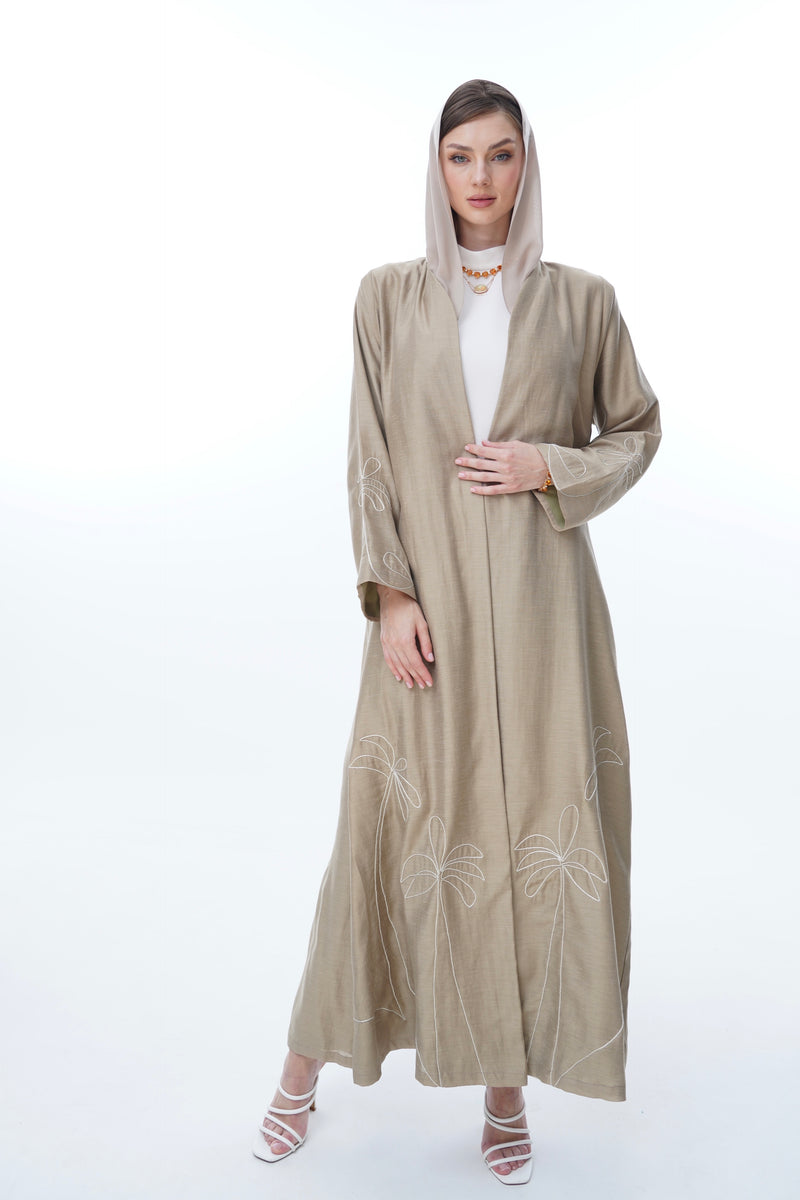 Vneck abaya with Silver Glitter Thread Tree EMB.on front and Sleeves in Glitter Soft cotton olive