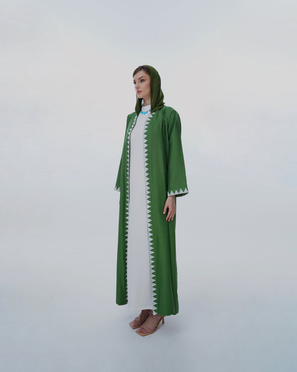 v-Neck Abaya With Triangle Beads on Front and Cuff in Pear Green Glitter Soft Cotton Fabric