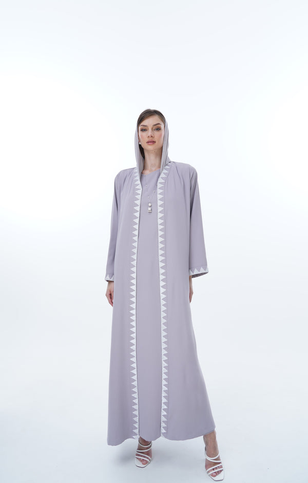 v-Neck Abaya With Triangle Beads on Front with inner dress ; Cuff in Grey