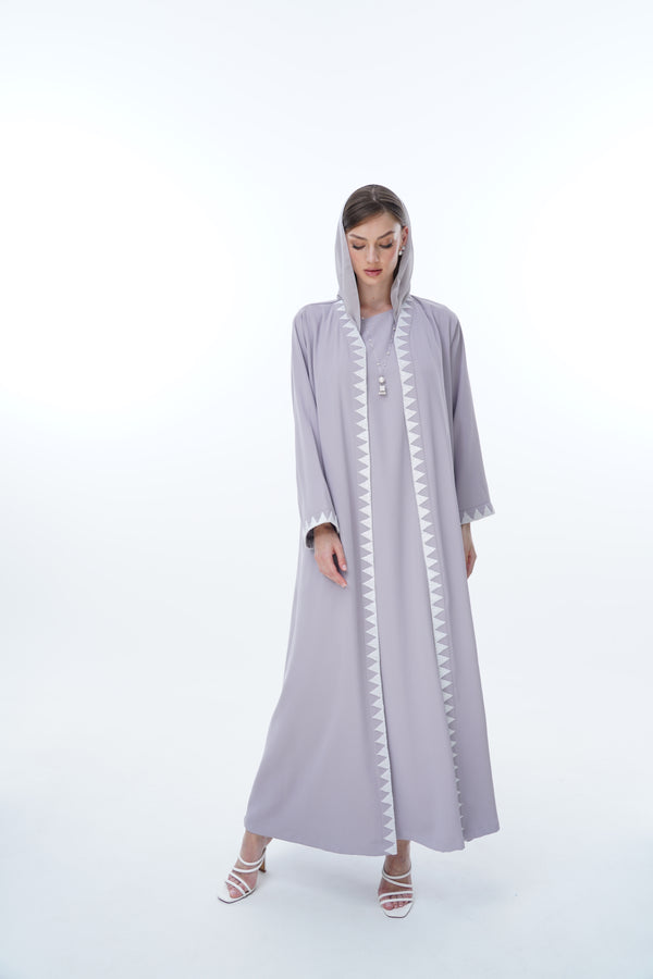 v-Neck Abaya With Triangle Beads on Front with inner dress ; Cuff in Grey