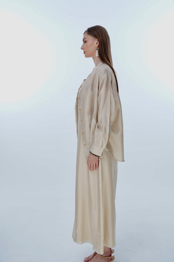 Low cut Striped Long Dress&Shirt silk in Off white with light brown lines