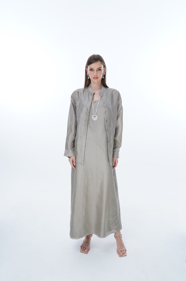 Low cut Striped Long Dress&Shirt silk  in dark grey with olive line