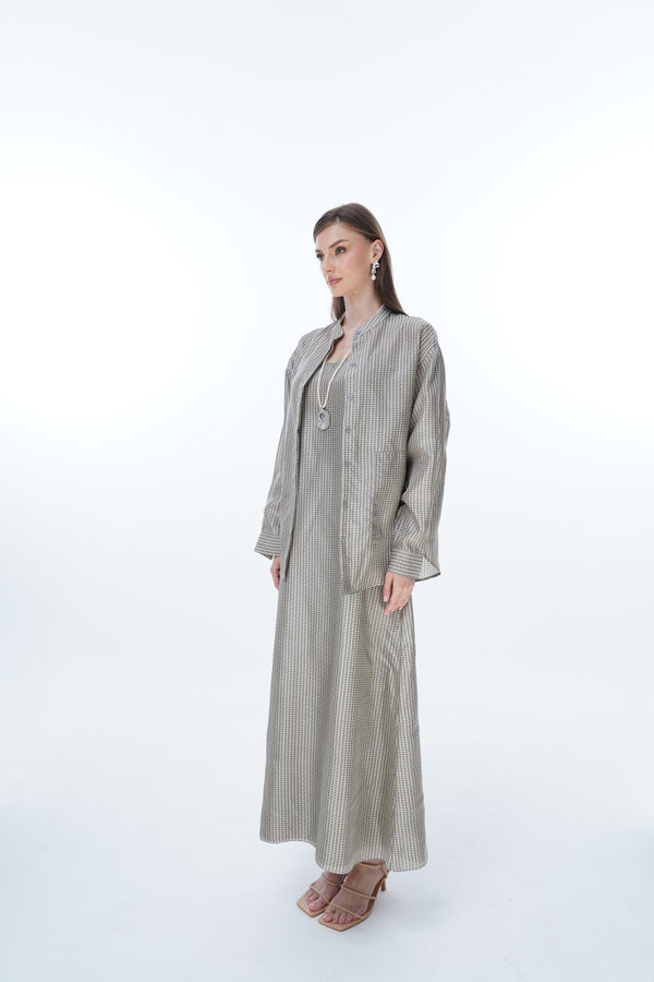 Low cut Striped Long Dress&Shirt silk  in dark grey with olive line