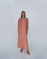 Low cut Striped Long Dress&Shirt in Off white with Orange Line Silk fabric