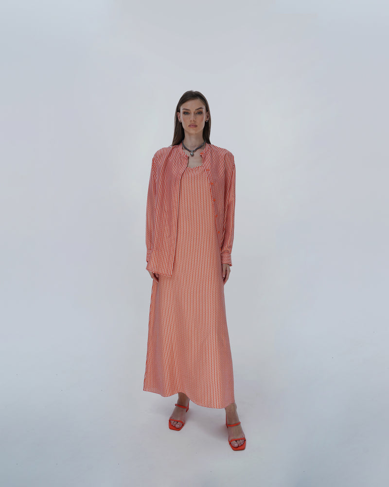 Low cut Striped Long Dress&Shirt in Off white with Orange Line Silk fabric