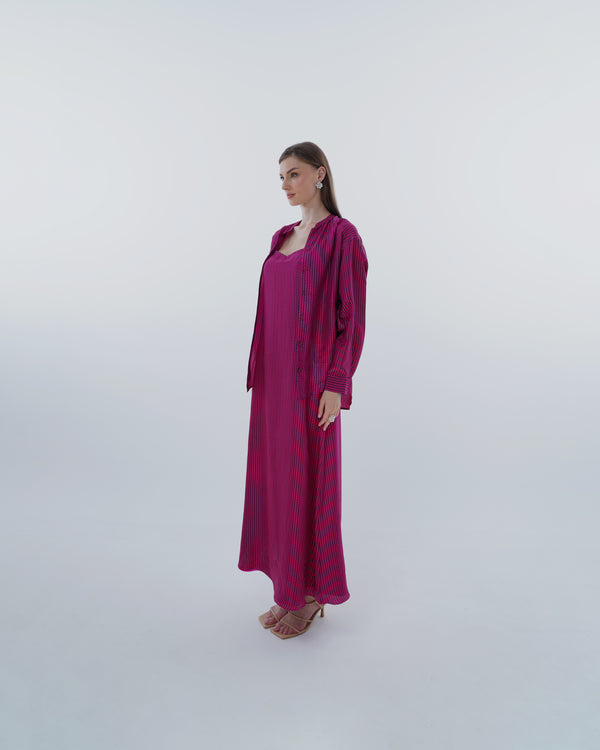 Low cut Striped Long Dress&Shirt silk  in pink with dark purple