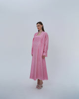 Low cut Striped Long Dress&Shirt silk in light Pink With Off White Line