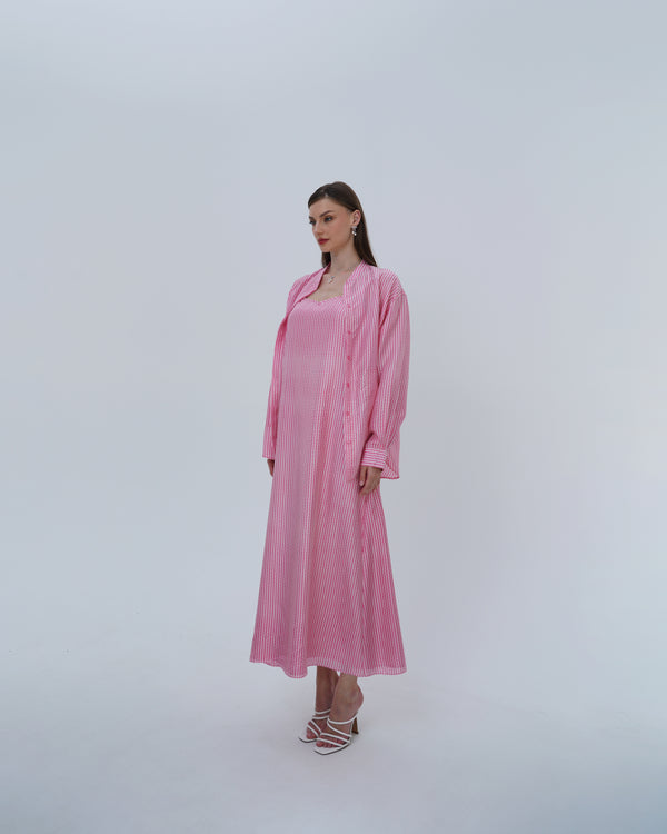 Low cut Striped Long Dress&Shirt silk in light Pink With Off White Line