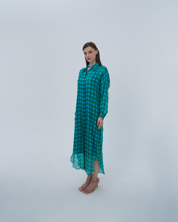 Long Shirt  in light blue and green box textured pure silk fabric with striped Dress