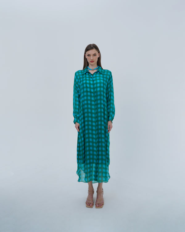 Long Shirt  in light blue and green box textured pure silk fabric with striped Dress