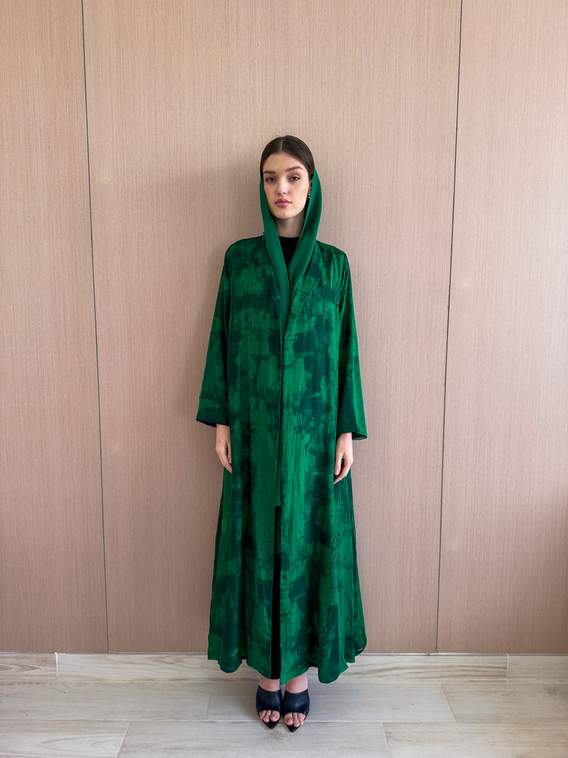 Zainah Cut Abaya in Bright Green and Dark green Wave Mix Color Print