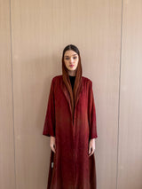 Zainah cut abaya - brown with maroon mix printed Pure Silk