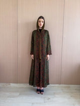 V Neck Abaya With Tie Rope on front Green with red mix print