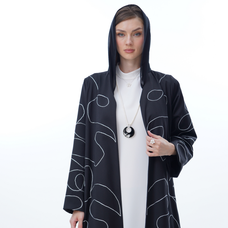 Vneck abaya with Zig Zag Silver Glitter Thread EMB