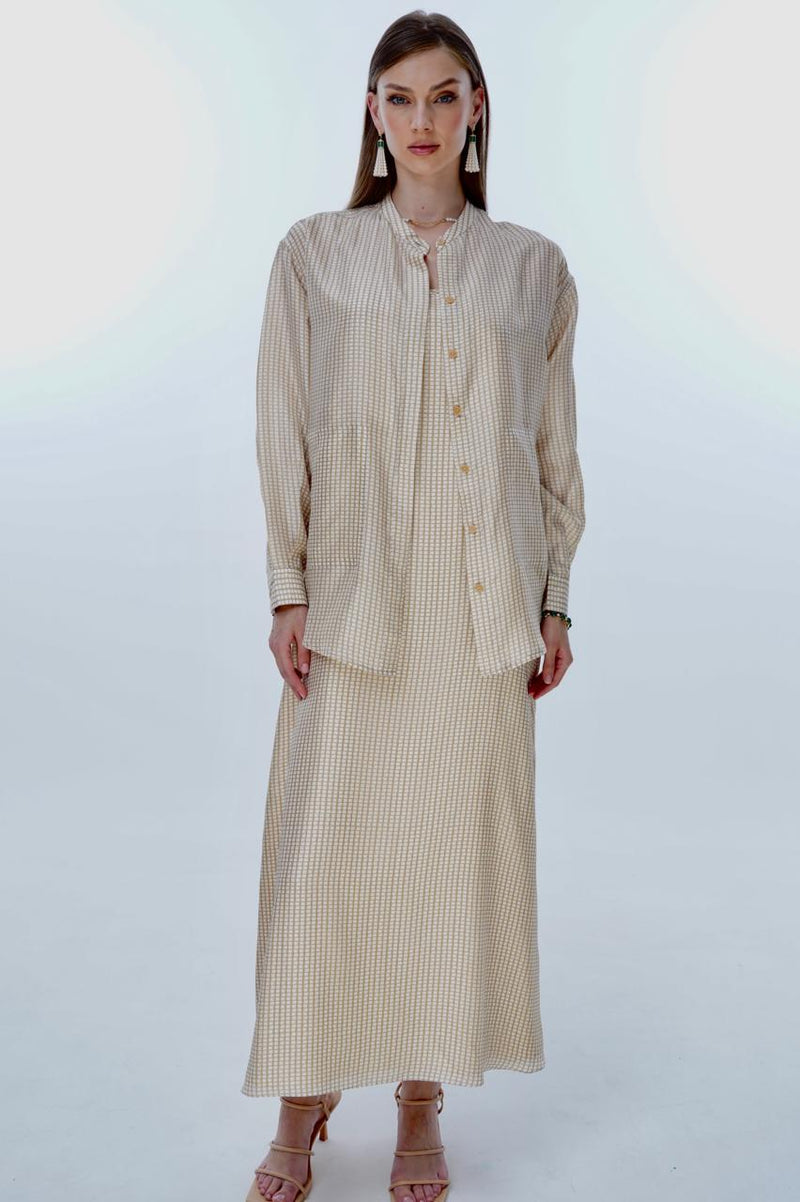 Low cut Striped Long Dress&Shirt silk in Off white with light brown lines